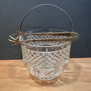 Vintage MCM Glass Ice Bucket Diamond Cut Hammered Metal Handle Tongs Barware